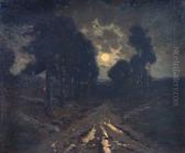 Moonrise Over A Tree Lined Road - view 1