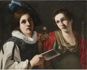 An Interior With A Gentleman Serenading A Lady Holding A Rose