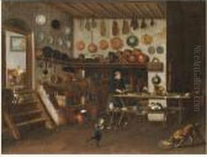 A Kitchen Interior With A Maid Filleting Fish At A Table, A Young Boy In The Foreground by Gian Domenico Valentino