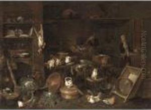 A Kitchen Interior With A Still 
Life With Various Cooking Utensils, Chickens, A Deer, Cabbages And A Cat