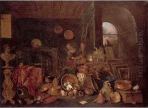 A Kitchen Still Life With 
Various Cooking Utensils, A Suit Of Armour, A Bust, A Rug And Two 
Figures Cleaning Pots And Pans