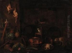 A Dog, A Cat And Dead Game With Vegetables And Cooking Vessels In Akitchen Interior by Gian Domenico Valentino