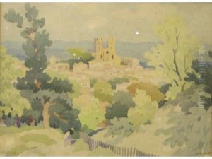 View Of Town With Church Nestled Amongst Trees, Figure In Foreground by Adolphe Pierre Valette