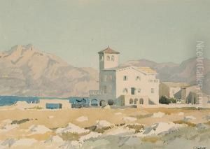 A Spanish Hilltop Town; Puerto De Pollensa by Adolphe Pierre Valette