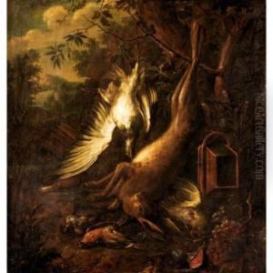 A Game Still Life With A Hare, Partridges And Songbirds, An Open Landscape Behind by Dirk Valkenburg