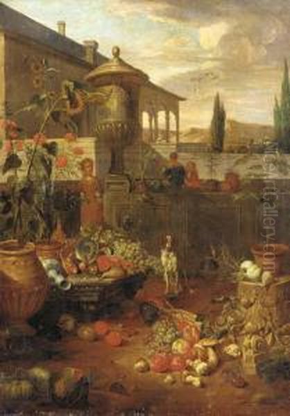 An Italianate Villa And Garden 
With Figures, A Still Life Of Fruit And Vegetables In The Foreground, 
Cypress Trees And Mountains Beyond - view 1