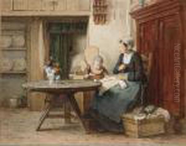 A Cottage Interior With Mother And Child Doing Needlework - view 1
