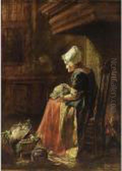 A Woman Seated With A Cabbage In
A Chair By The Fire Place, A Vegetable Still Life At Her Feet - view 1