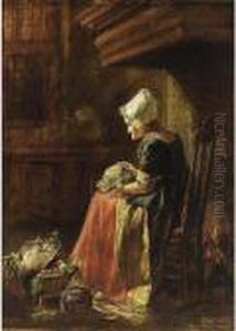 A Woman Seated With A Cabbage In
 A Chair By The Fire Place, A Vegetable Still Life At Her Feet by Hendrik Valkenburg