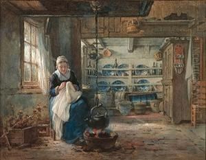 Young Girl Sewing by Hendrik Valkenburg