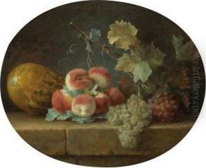 Peaches, A Melon And Grapes On A Stone Ledge