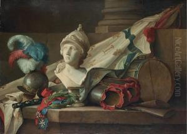 Bust Of Minerva, Armour,
Muskets, A Drum, A Standard, A Marshal's Baton, A Laurel Wreath And
Badges And Sashes Of The Orders Of Saint- Louis And Of The Saint-esprit
On A Stone Ledge. - view 1