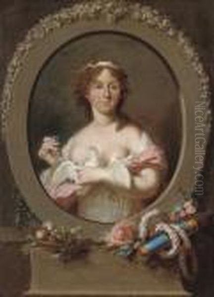 Portrait Of A Lady As Venus, In A
White Dress And Pink Wrap, Withforget-me-nots And A Dove In Her Hands,
In A Sculpted Cartouchesurrounded By The Attributes Of Love - view 1