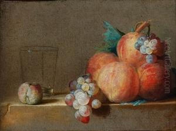 Nature Morte Aux Peches, Raisins Et Verre Deposes Sur Unentablement - view 1
