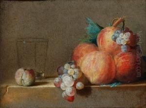 Nature Morte Aux Peches, Raisins Et Verre Deposes Sur Unentablement