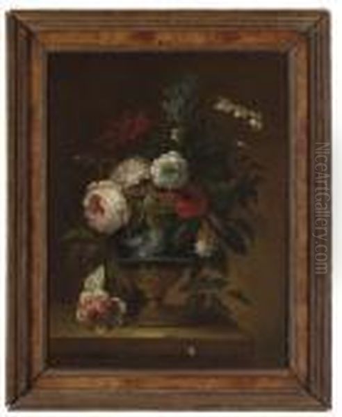 Carnations, Peonies, Honeysuckle
And Other Flowers In A Blue Porcelain Vase On A Stone Ledge - view 1