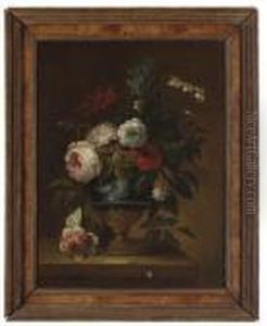 Carnations, Peonies, Honeysuckle
 And Other Flowers In A Blue Porcelain Vase On A Stone Ledge by Anne Vallayer-Coster