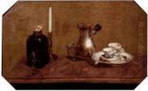 A Silver Coffee Pot, Cups On A Tray, A Bottle And A Candlestick, On A Tabletop