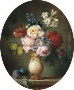 A Vase Of Flowers And Two Plums On A Marble Tabletop