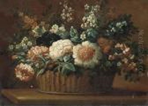 Carnations, Roses And Other Flowers In A Basket On A Ledge - view 1
