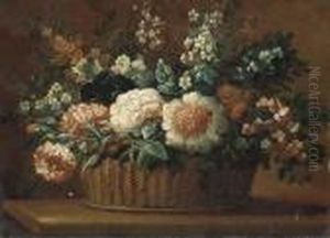 Carnations, Roses And Other Flowers In A Basket On A Ledge by Anne Vallayer-Coster