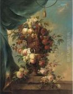 Peaches, Plums, Grapes, Cherries And Roses In A Gilt Urn On Aledge