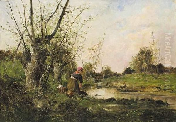 Femme Lavant Son Linge A La Riviere. - view 1