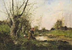 Femme Lavant Son Linge A La Riviere. by Etienne Maxime Vallee