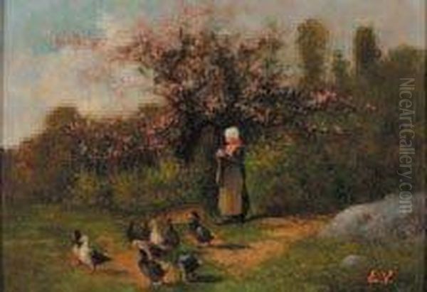 "la Gardienne D'oie Sous Les
Pommiers Enfleurs" Huile Sur Panneau Signee Des Initiales En Rouge En
Bas Adroite E. V. 31,8 X 46 Cm - view 1