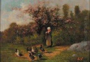 "la Gardienne D'oie Sous Les 
Pommiers Enfleurs" Huile Sur Panneau Signee Des Initiales En Rouge En 
Bas Adroite E. V. 31,8 X 46 Cm