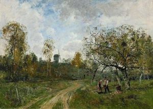 Bauern Bei Der Apfelernte In Hollandischer Landschaft. by Etienne Maxime Vallee