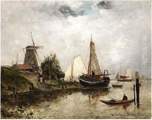 Boats On A River Near Dordrecht by Etienne Maxime Vallee