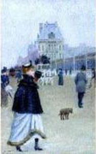 Elegante Et Fiacre Devant Le Louvre by Ludovic Vallee