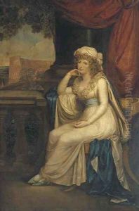 Portrait of Lady Clifford, full-length, seated in a white dress with blue sash on a Klismos chair on a loggia overlooking the Colloseum
