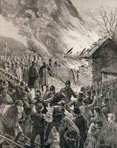 The Rent War in Ireland Burning the Houses of Evicted Tenants at Glenbeigh County Derry by Amedee Forestier