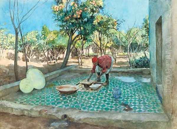 Laying tiles by the orange grove - view 1