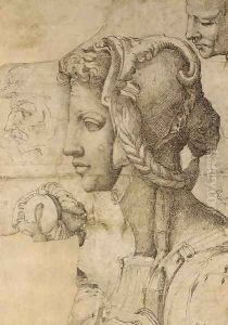An ideal female head in profile to the left, after Michelangelo, with other head studies by Battista Franco