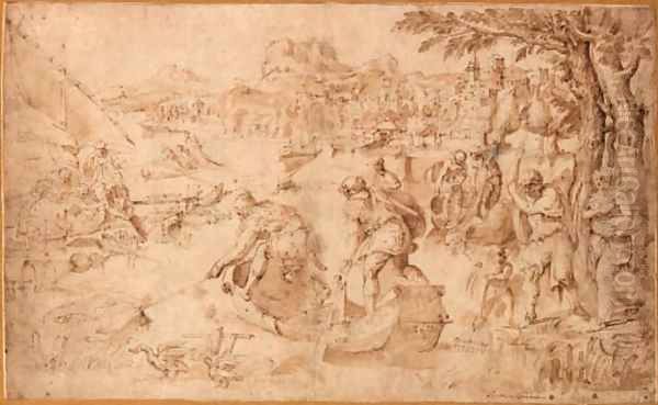 Figures fishing in a bay - view 1