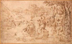Figures fishing in a bay by Battista Franco
