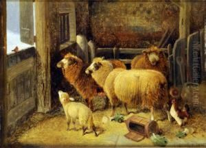 Christmas Greetings, A Stable Interior With Sheep, Fowl And Robin At The Door by Frederick E. Valter