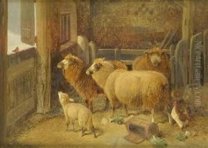 Christmasgreeting, Sheep And 
Lamb With Cockerel In A Barn, A Robin At Thedoor, Snow Covered Landscape
 Beyond