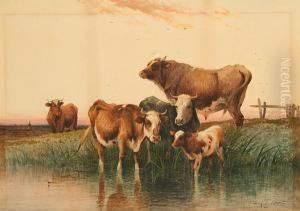 Cows Watering At A Riverside, An Extensive Landscape With View Of Town Beyond by Frederick E. Valter