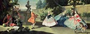 An ornamental garden with a young girl dancing to a fiddle by Filippo Falciatore