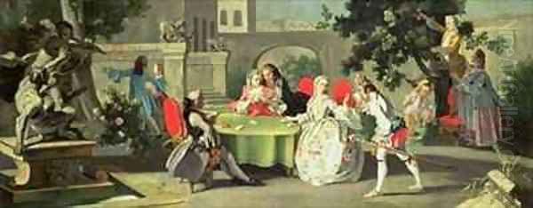 An ornamental garden with elegant figures seated around a card table - view 1