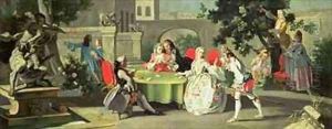An ornamental garden with elegant figures seated around a card table by Filippo Falciatore