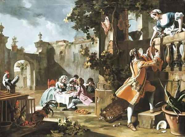 An elegant children's tea-party in the forecourt of an Italian villa with a young man passing a joint of meat to a woman standing on a balcony above - view 1