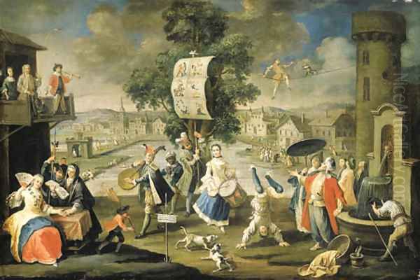 Elegant company at a fair with a fortune teller, a trapeze artist, a tumbler and musicians - view 1