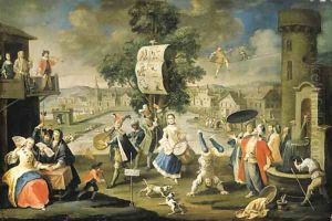 Elegant company at a fair with a fortune teller, a trapeze artist, a tumbler and musicians by Filippo Falciatore