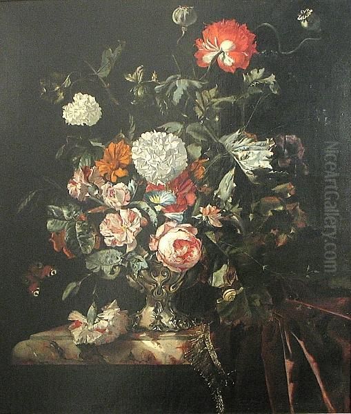 A Still Life With Roses, Poppies And Other Flowers In A Silver Vase - view 1