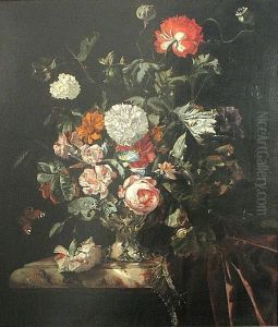 A Still Life With Roses, Poppies And Other Flowers In A Silver Vase